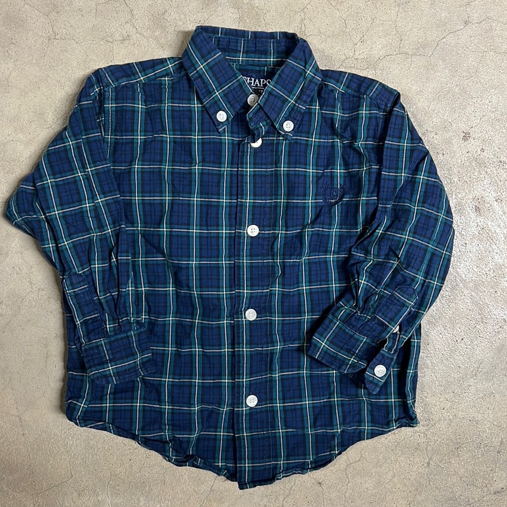 Boys Chaps plaid button down shirt navy black green yellow 24 month